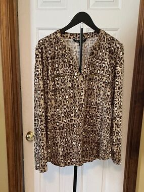 Zac & Rachel Brown and Cream Animal-Print Button Front Blouse